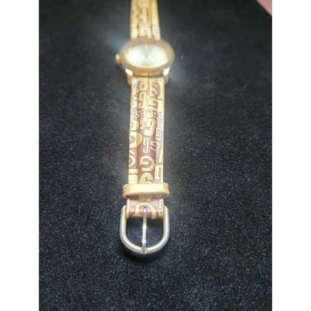 Guess Gold Tone Watch Gold Monogram Leather Band Women's working W/new battery